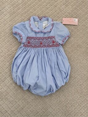 NWT Antoinette Paris Light Blue Hand-Smocked Baby Girl Bubble Romper
